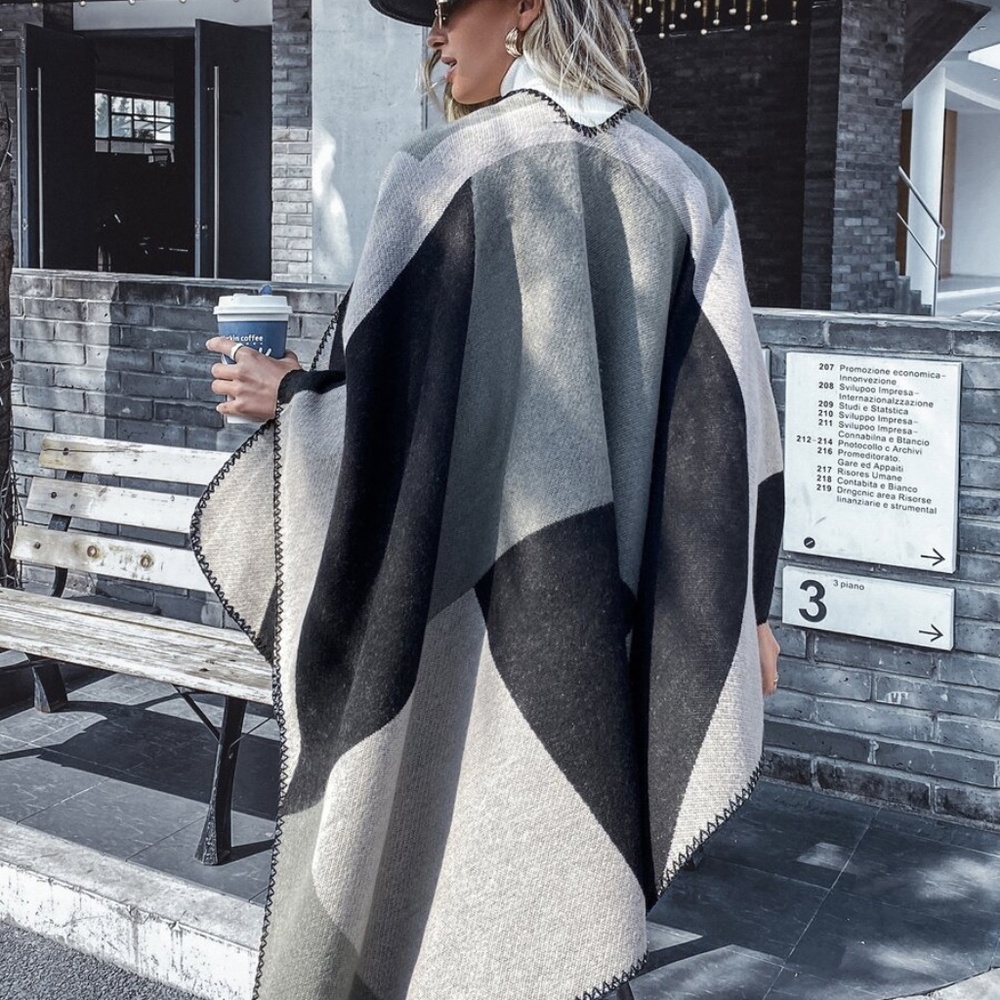 fall color block open front kimono poncho cardigan - Picture 10 of 11